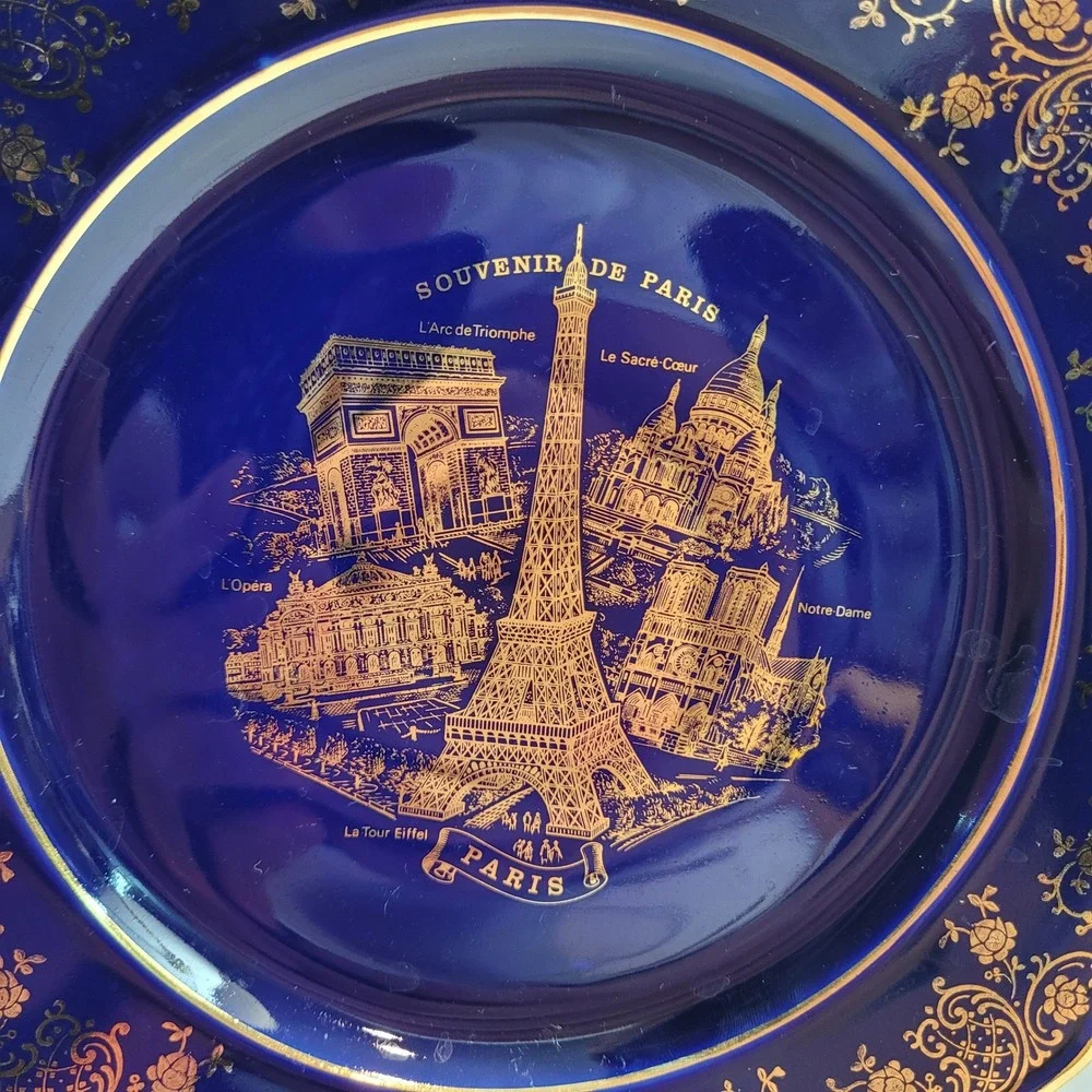 Florance Limoges Souvenir de Paris Plate Cobalt Blue Gold Gilt French Porcelain